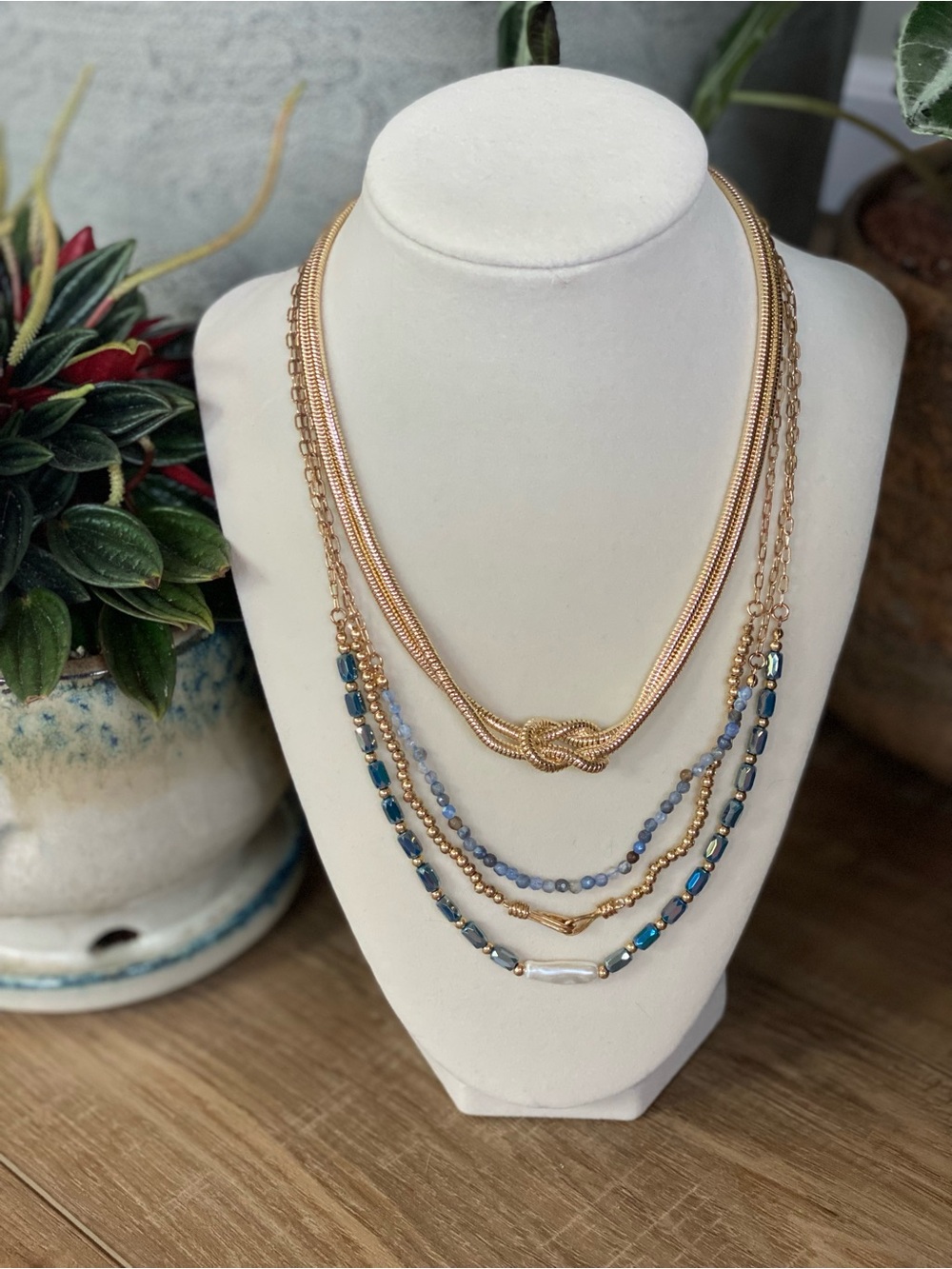 Blue Beaded Multi-Layer Gold and Blue Chains & Knot Gold Tone Women's Necklaces